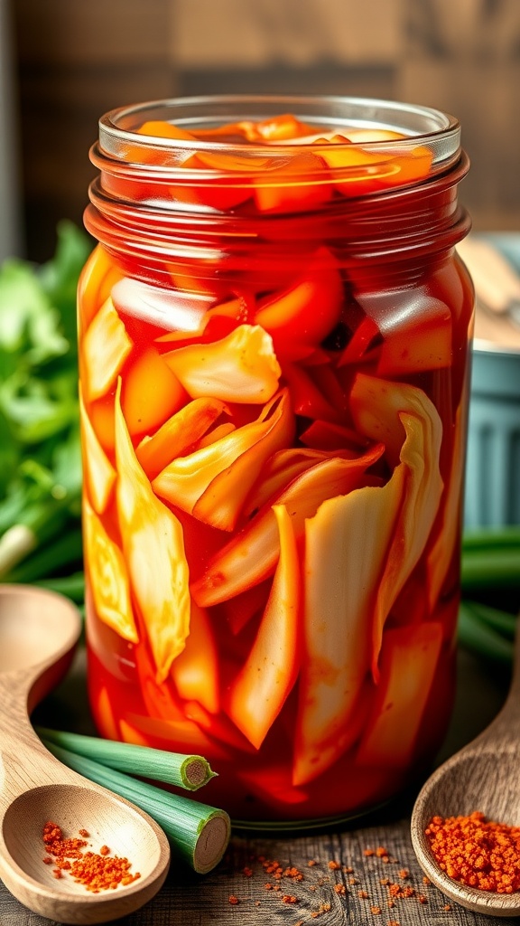 A jar of spicy vegan kimchi made with napa cabbage and radish, surrounded by fresh ingredients.